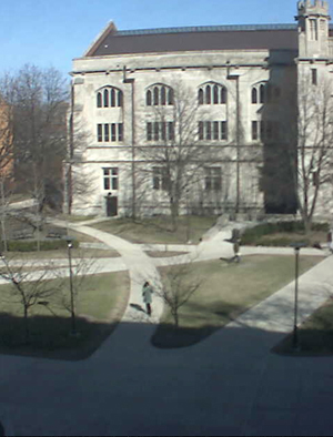 Intern Rose Schapiro, '09, waves to the Magazine staff from Bartlett Quad